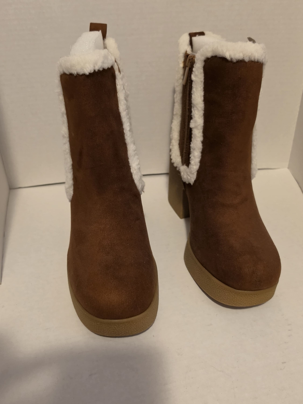 NEW: Torrid Brown Faux Suede Shearling Trim Block Heel Ankle Boots
